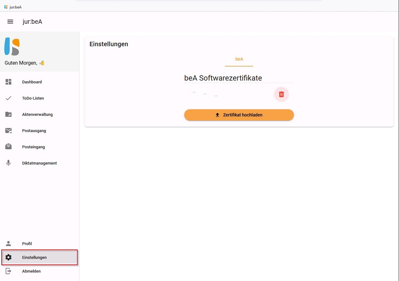 Die Einstellungen des beA-Modul. Einstellungen