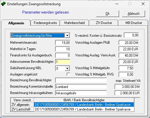 Allgemeinen Einstellungen der Zwangsvollstreckung. Einst zv kto