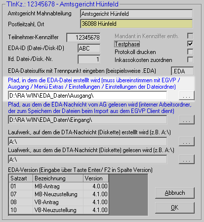Einstellungen teilnehmer kenndaten