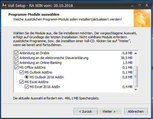 Modulauswahl der Installation. Modulauswahl