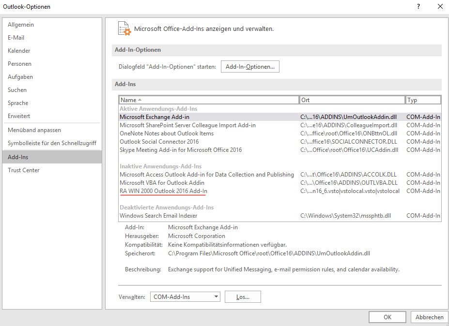 Der Bereich: Aktivierte Elemente Outlook add in inaktive elemente