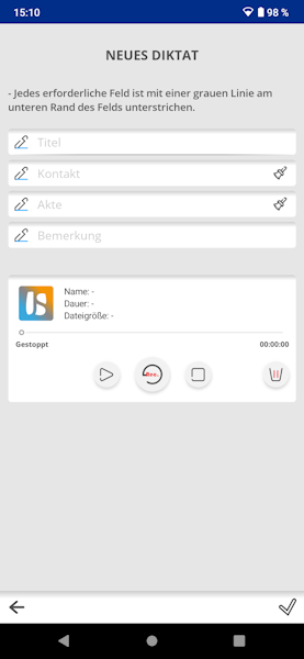 Eingabemaske bei einem neuen Diktat. Jur diktate neues diktat
