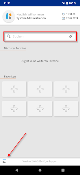 Zum Seitenmenü gelangen Sie im linken, unteren Bereich. Jur menue