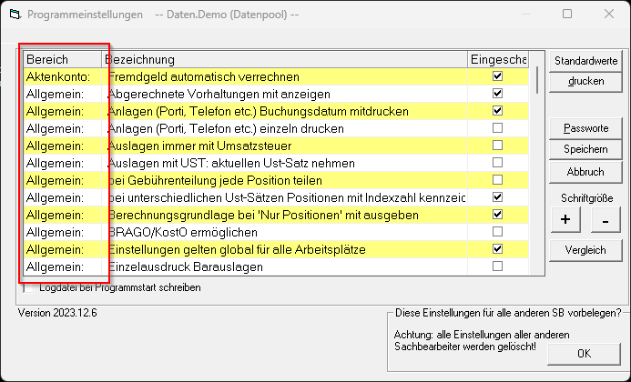 Allgemeine Einstellungen des Gebührenprogrammes. Gebuehrenprogramm einstellg allg einstllg