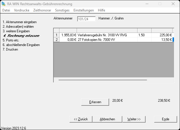Gebuehrenprogramm standardrechg erfasste betraege