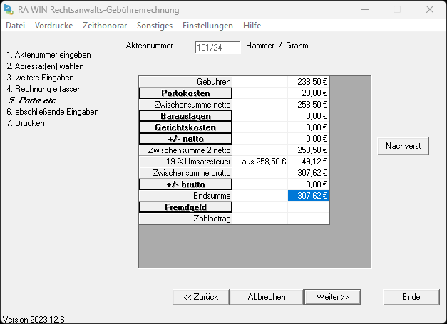 Gebuehrenprogramm standardrechg weitere eingaben