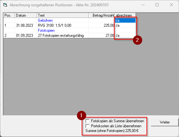 Gebuehrenrechnung abrechnungvorgehal pos