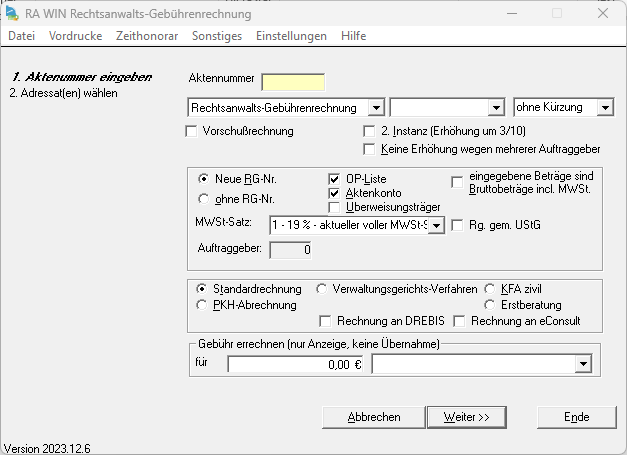 Die Startseite des Gebührenprogrammes Gebuehrenrechnung start