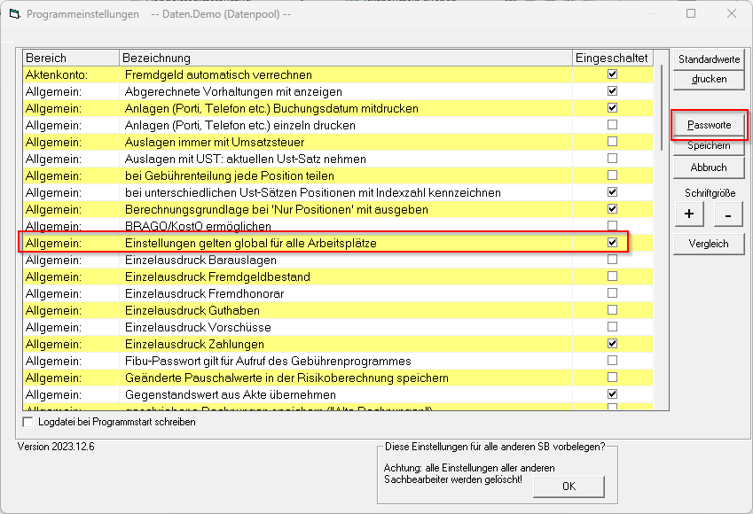 Die Passwortvergabe Gebuerenprogramm einstllg allg einstellg passwoerter