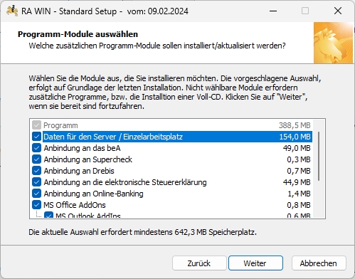 Hier auswählen, was installiert werden soll. Installation programm module
