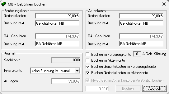 Verbuchte Kosten. Mahnverfahren herk mb speichern