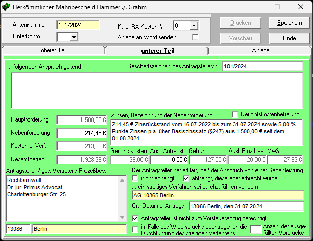 Die Registerkarte: Unterer Teil Mahnverfahren herk mb u teil