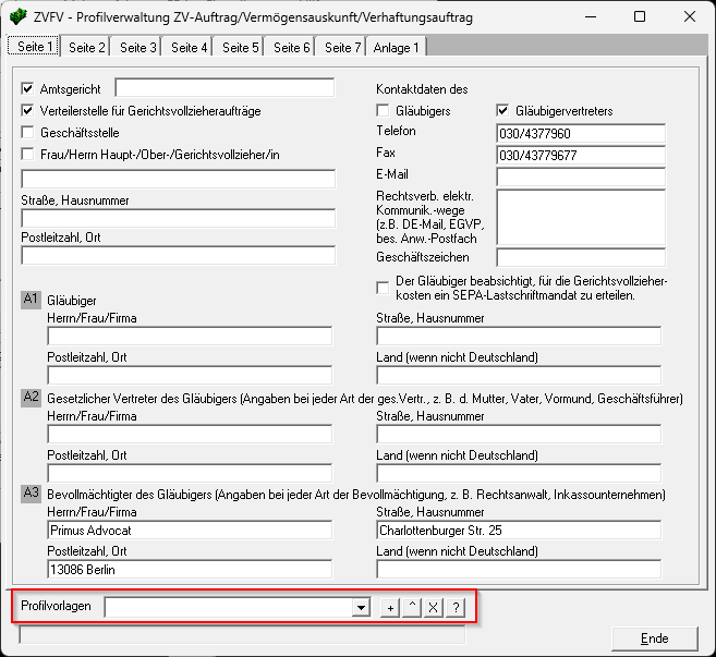 Beispiel einer Eingabemaske, wo festgelegt wird, welche Haken gesetzt werden. Zvm zvfv verwaltg formularprofile start