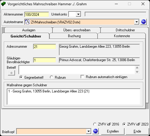 Eingabemaske: Vorgerichtliches Mahnschreiben Zvm ausserger mahnschreiben