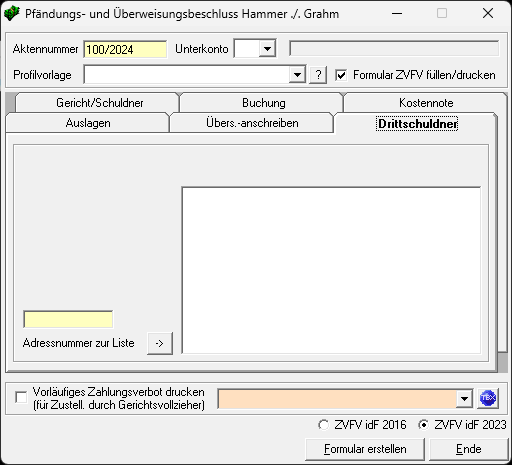 Registerkarte: Drittschuldner Zvm ger pfueb drittschuldner