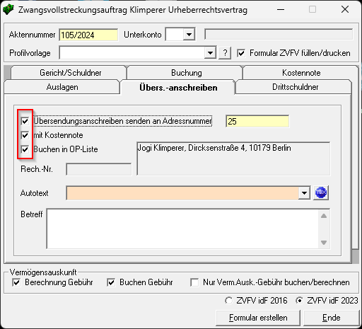 Die Auswahlmöglichkeiten des Übersendungszettels. Zvm ger zv auftrag ue schreiben