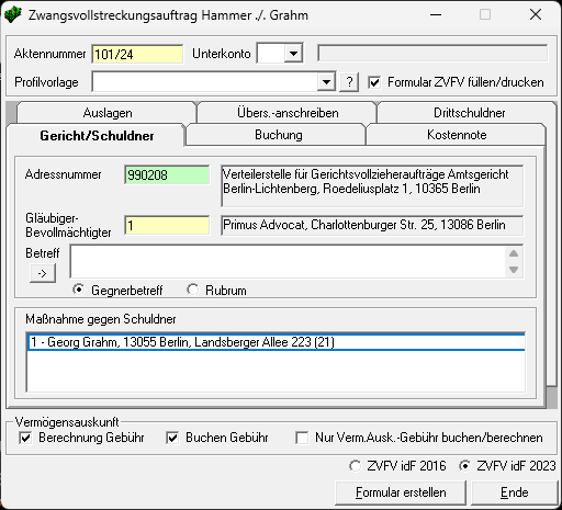Die Eingabemaske beim Zwangsvollstreckungsauftrag. Zvm ger zv auftrag
